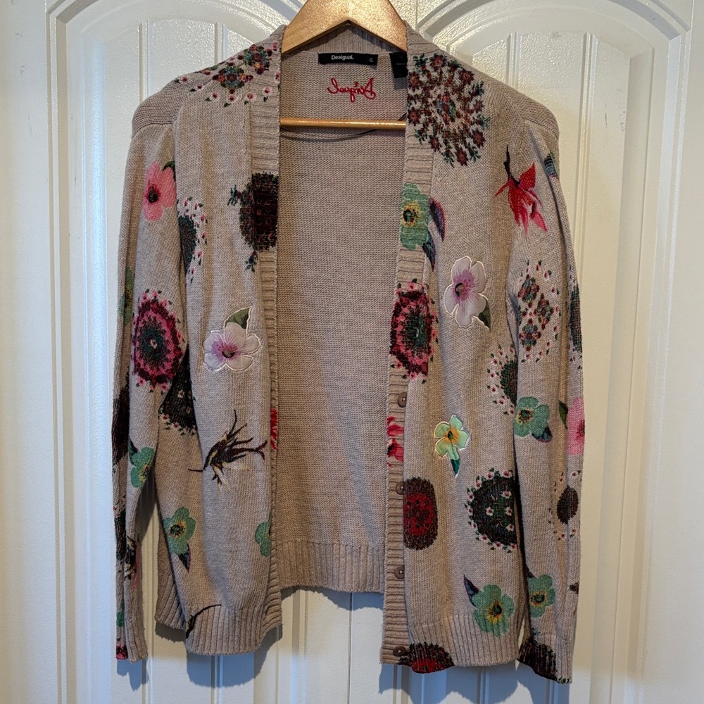 Desigual Beige Floral Knit Button-Front Cardigan